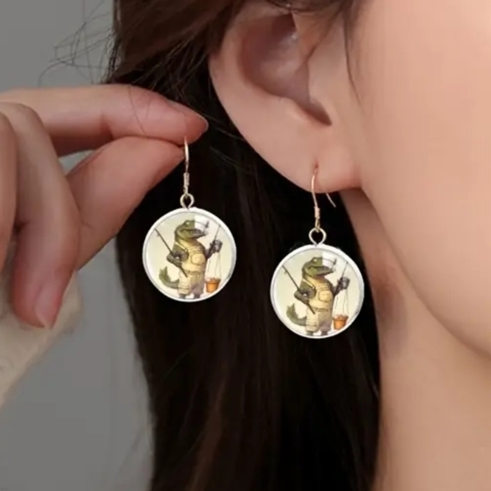 Whimsical Green and Stainless Alligator Fishing Earrings